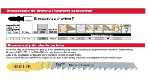 Milwaukee brzeszczot do wyrzynarki t101ao 50mm komplet - 5szt. Drewno/pcv, cięcie po łuku 4932373392