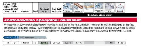 Milwaukee brzeszczot do wyrzynarki t127d 75mm komplet - 5szt. Do aluminium 4932274315